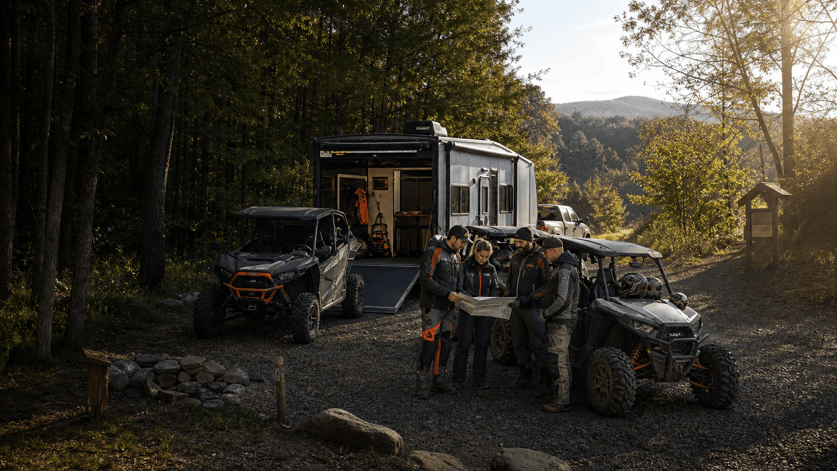 Riders reviewing a trail map beside side-by-sides and a toy hauler at a wooded campground